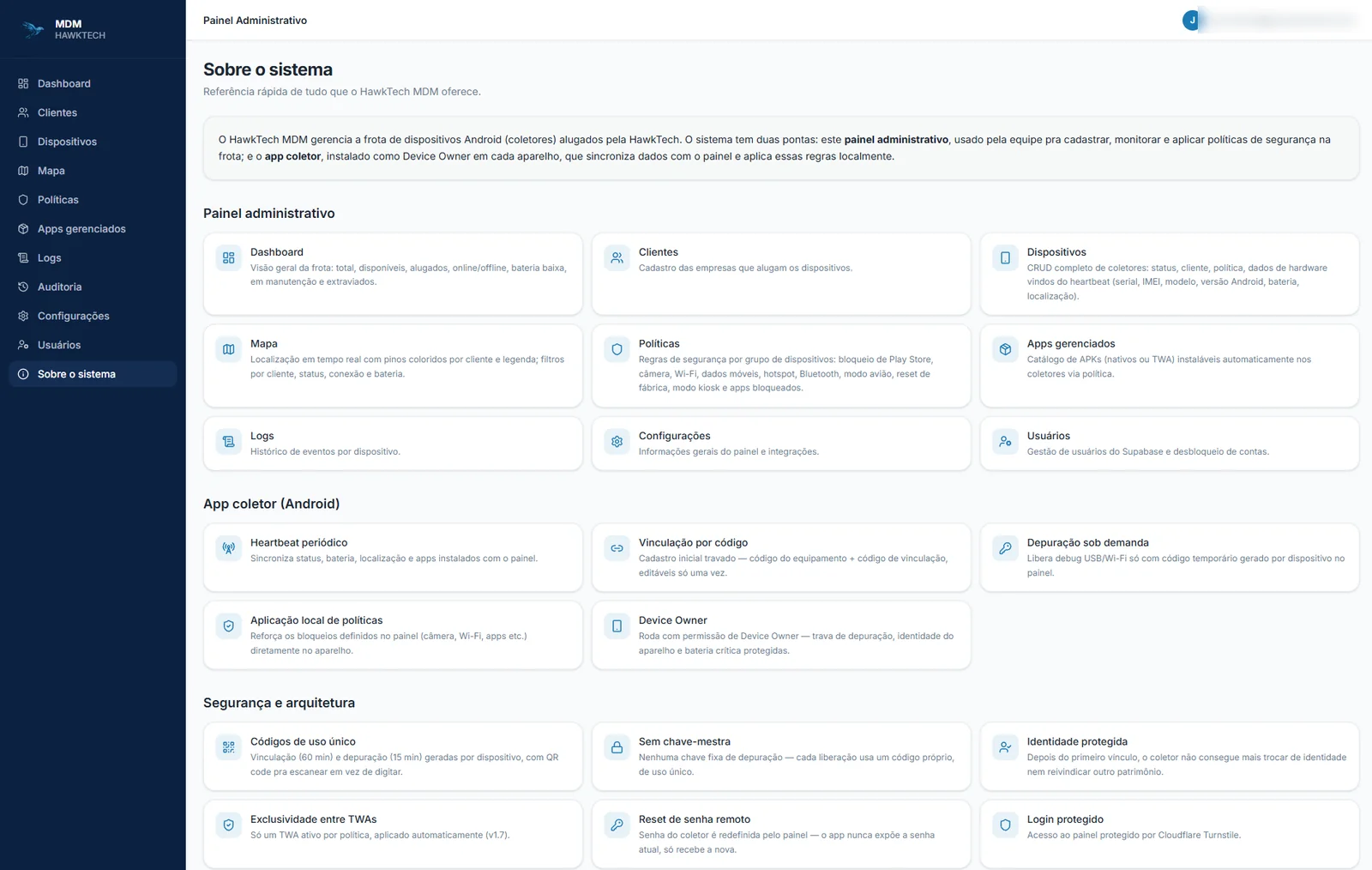 Tela Sobre o sistema do MDM, listando os recursos do painel, do app coletor e da arquitetura de segurança