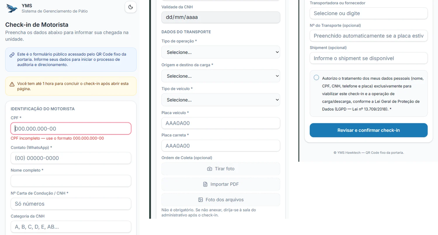Formulário público de check-in do motorista no celular, em três partes