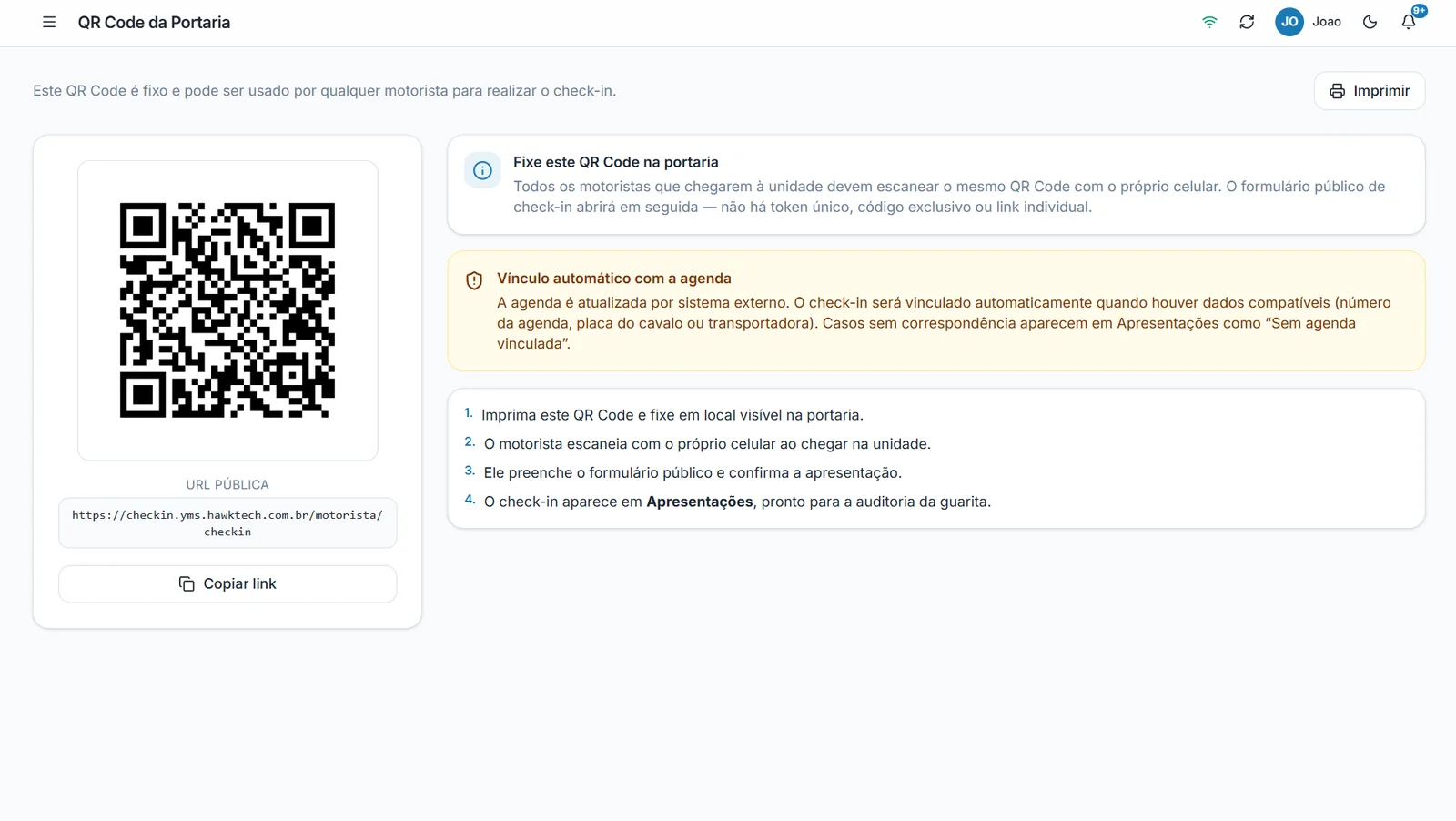 Tela do QR Code fixo da portaria, com URL pública de check-in